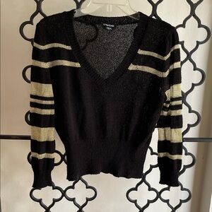 bebe Black V-Neck Lightweight Sweater with Gold Stripes